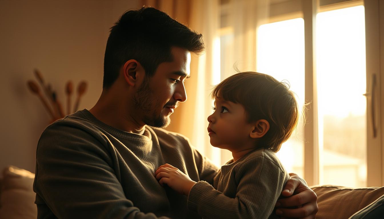 A serene family scene where a thoughtful parent gently sets boundaries for their child's growth and development. The child's curious gaze meets the parent's calm, steady expression as they navigate this crucial aspect of nurturing. Warm lighting filters through the window, creating a cozy, introspective atmosphere. Subtle textures and muted tones evoke a sense of tranquility and introspection. The composition is balanced, with the parent and child occupying the foreground, surrounded by a minimalist, inviting interior. Shot on Sony A7R IV 70mm, clearly focused, sharply defined, polarizer filter, Hyper-candid, 8K.