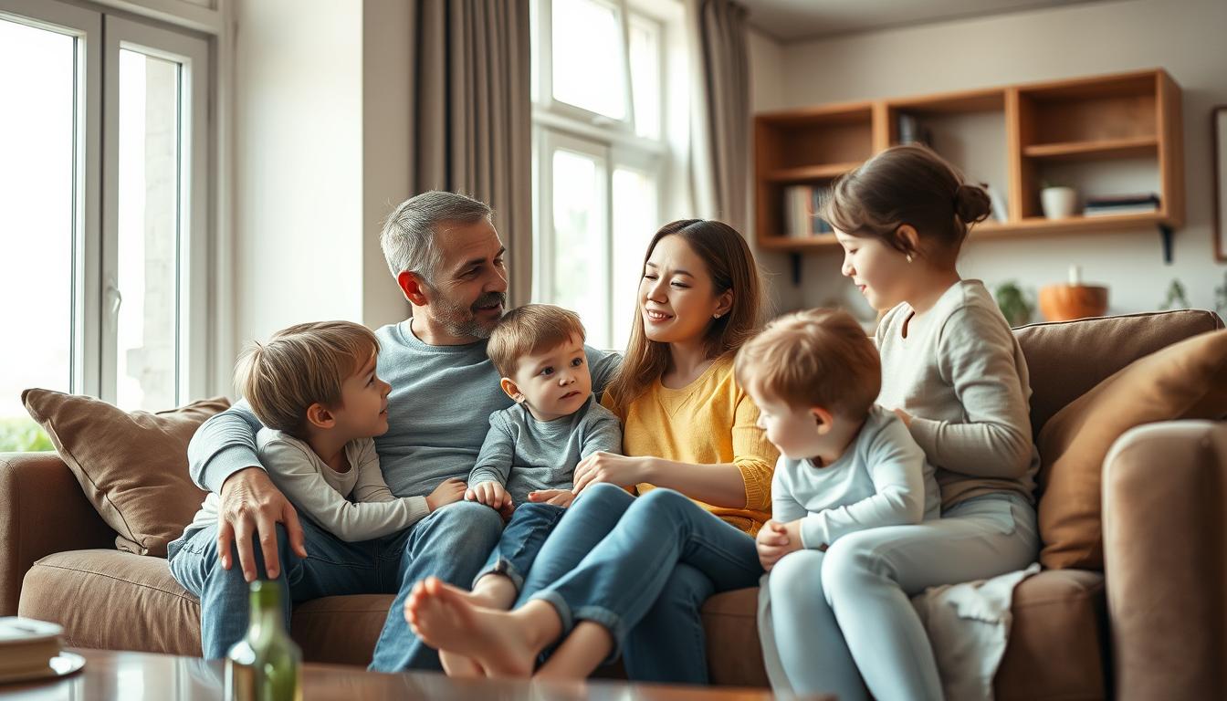A warm, inviting family scene in a cozy, well-lit living room. A father and mother sitting on a plush sofa, their children gathered around them, engaged in a meaningful conversation. The parents' body language exudes a sense of wisdom, care, and connection, conveying their role as guiding figures. Soft lighting filters through large windows, casting a gentle glow over the intimate setting. The scene captures the essence of the modern family, where parents serve as positive role models, shaping the values and behaviors of their children.
